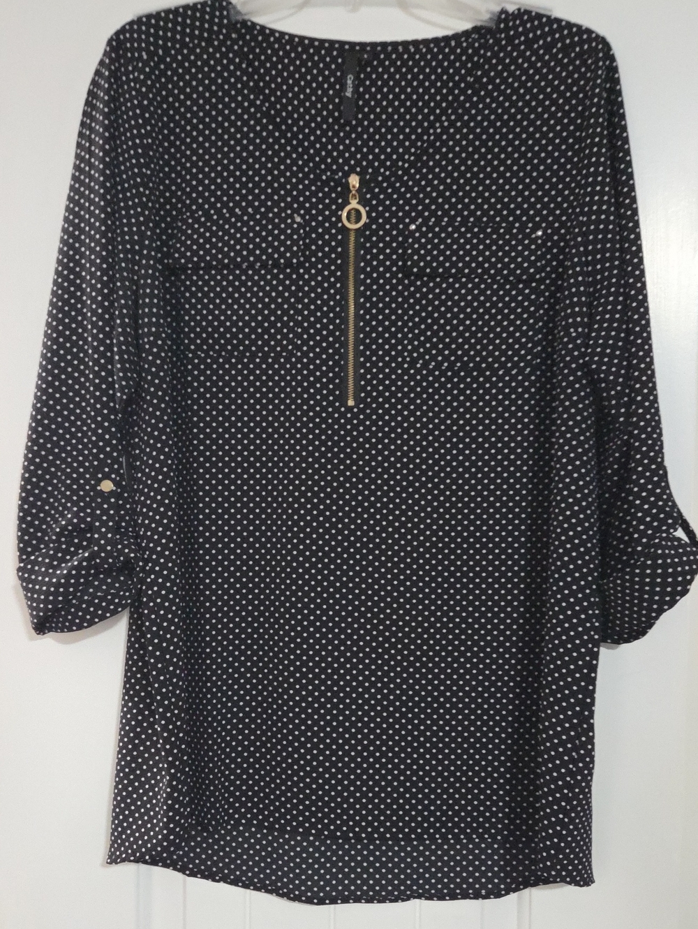 Black Polka Dot Long Sleeve Tunic Dress with Gold Zip Accent